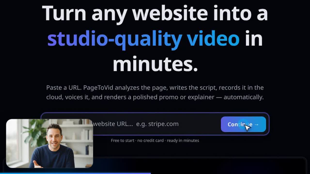 A click scene: the cursor on the real Continue button, the presenter clear of it
